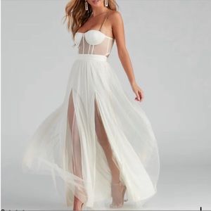 Corset Top Maxi Dress Gold Chain Strap & Sheer Mesh Panels Tulle Skirt Slits M